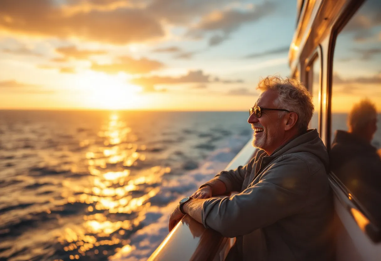 Een lachend stel geniet van een zonsondergang op het dek van een luxe cruiseschip met uitzicht op de oceaan.