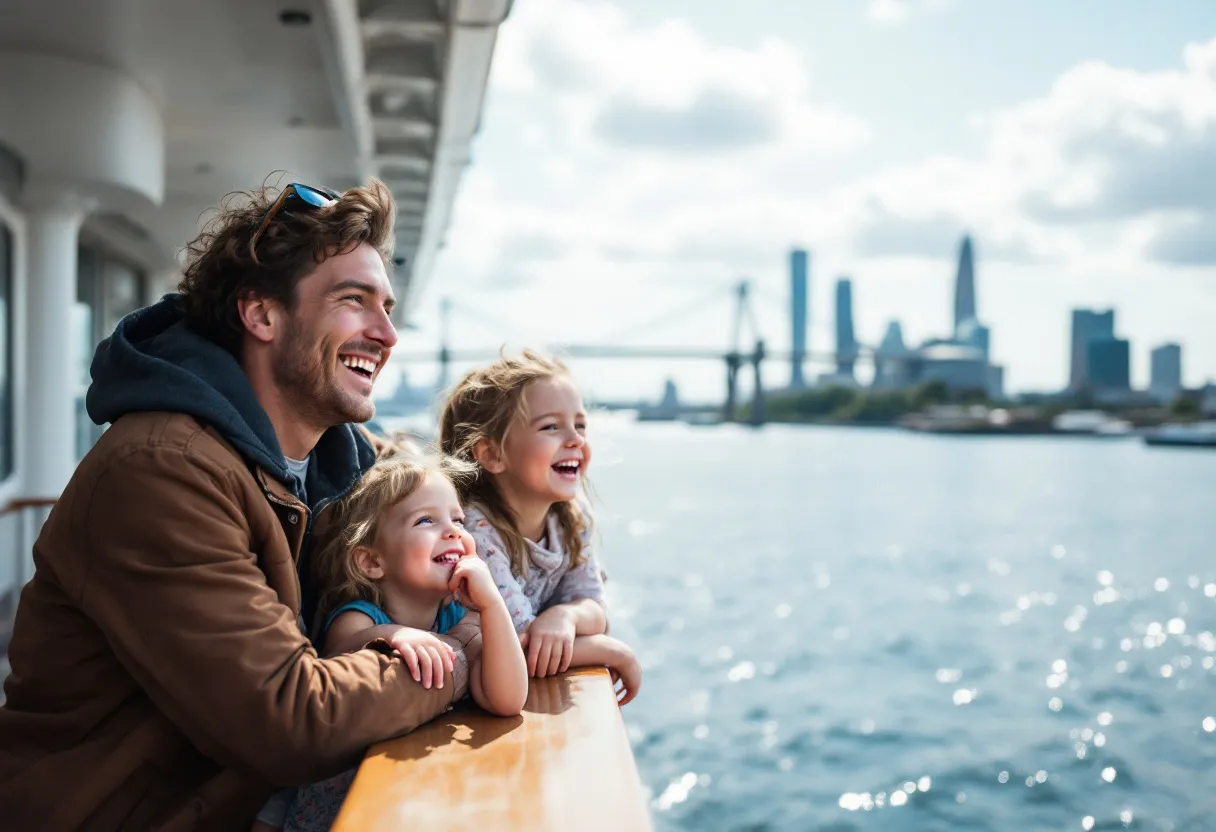 Een stel en hun twee kinderen lachen op het zonovergoten dek van een cruiseschip, op de achtergrond de skyline van Rotterdam met de Erasmusbrug.