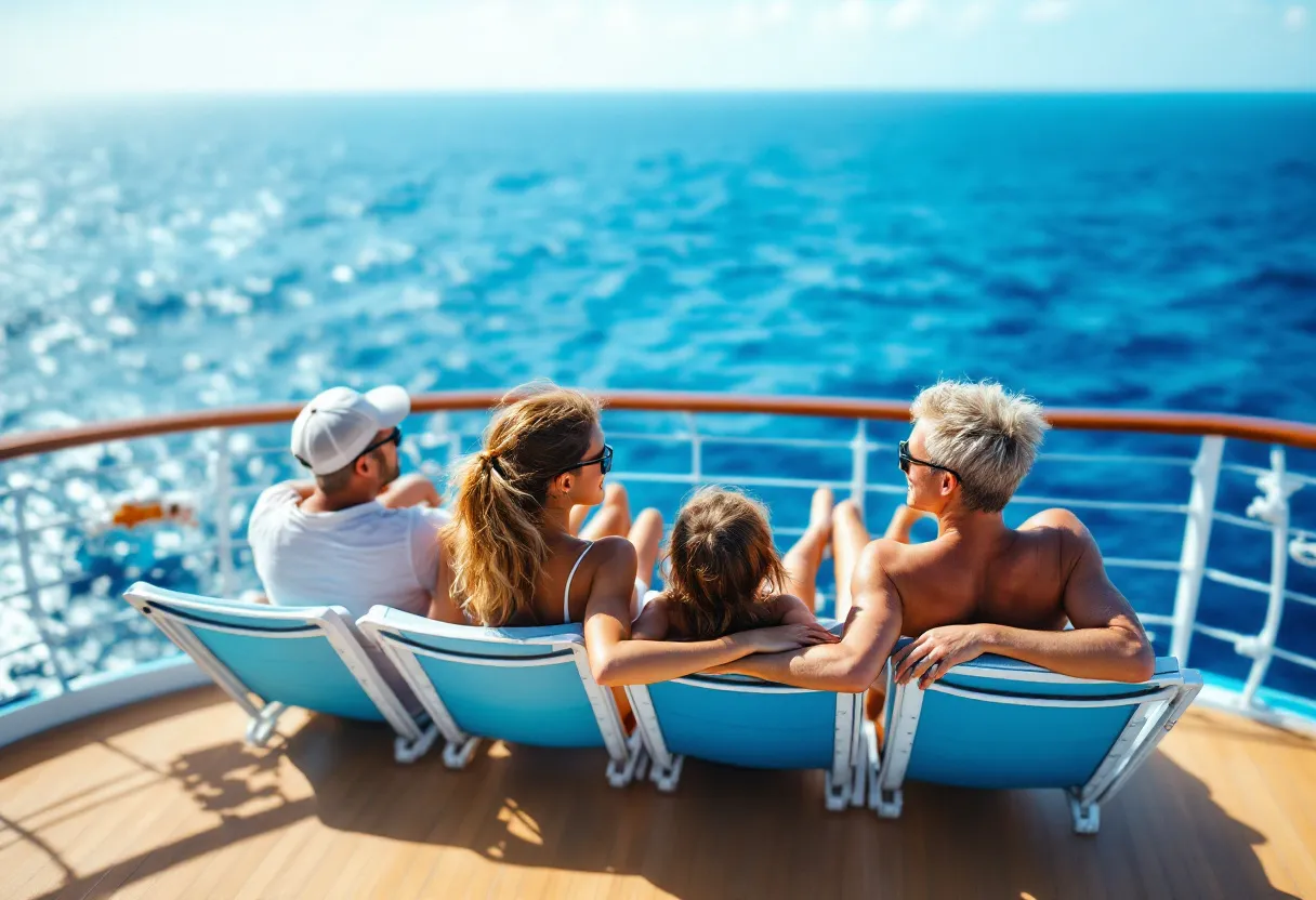 Een stralend gezin met twee kinderen geniet op het zonovergoten dek van een groot cruiseschip terwijl ze denken aan het boeken van hun volgende cruise; de azuurblauwe oceaan strekt zich uit tot de horizon.