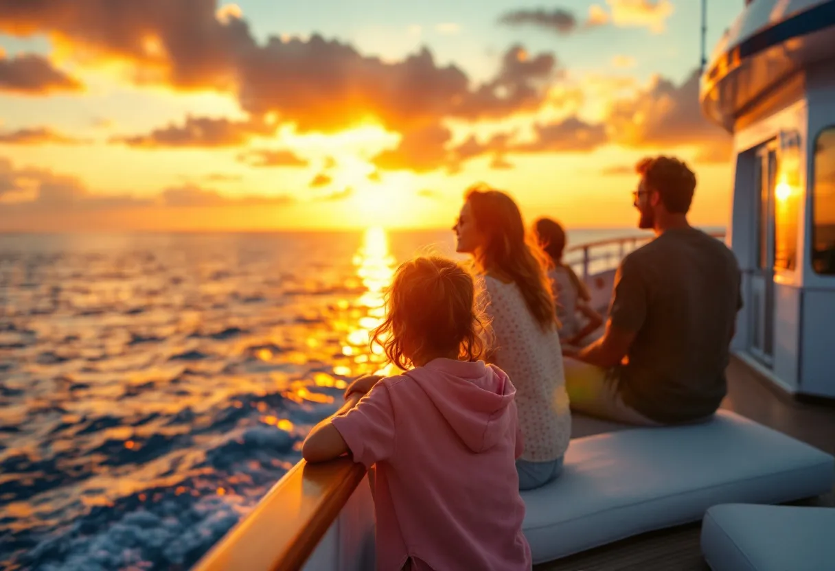 Een stralend gezin met twee jonge kinderen geniet van de zonsondergang op het bovendek van een luxe cruiseschip, terwijl de oceaan zacht glinstert en de lucht oranje kleurt.