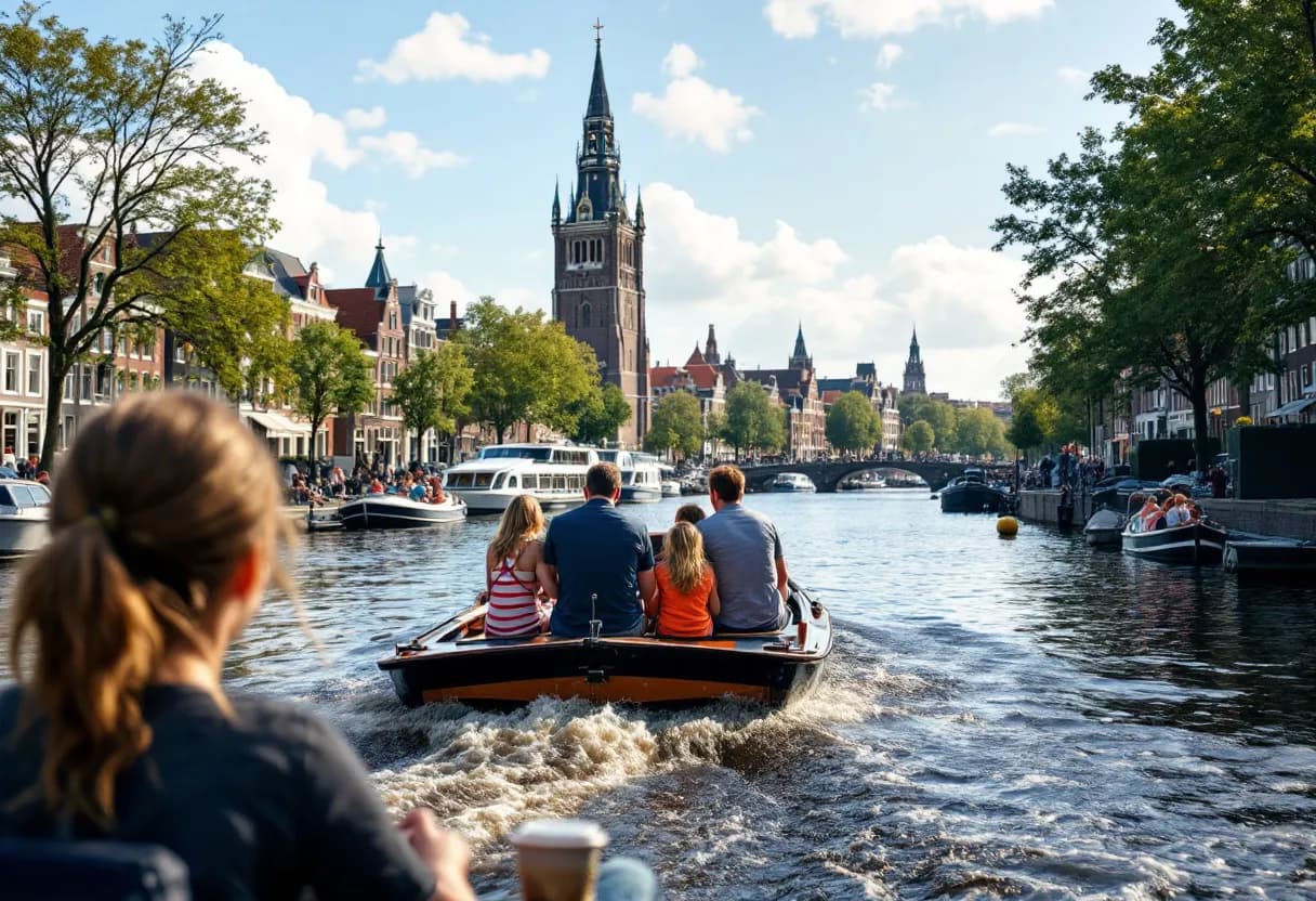 Een sfeervol riviercruiseschip vaart door de grachten van een Nederlandse stad, met families op het dek die genieten van het uitzicht op historische gevels en bruggen.