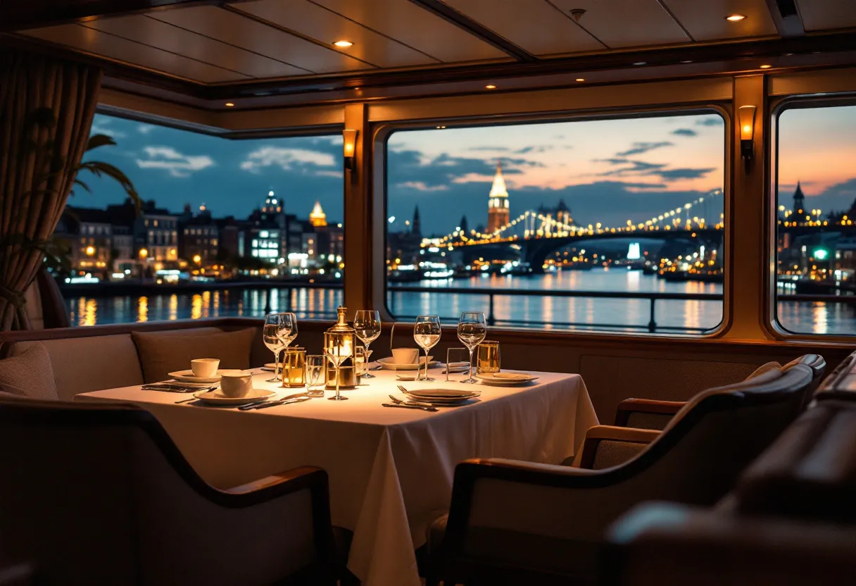 Een elegant gedekte tafel aan boord van een cruiseschip met kaarslicht en uitzicht op een verlichte skyline aan de gracht