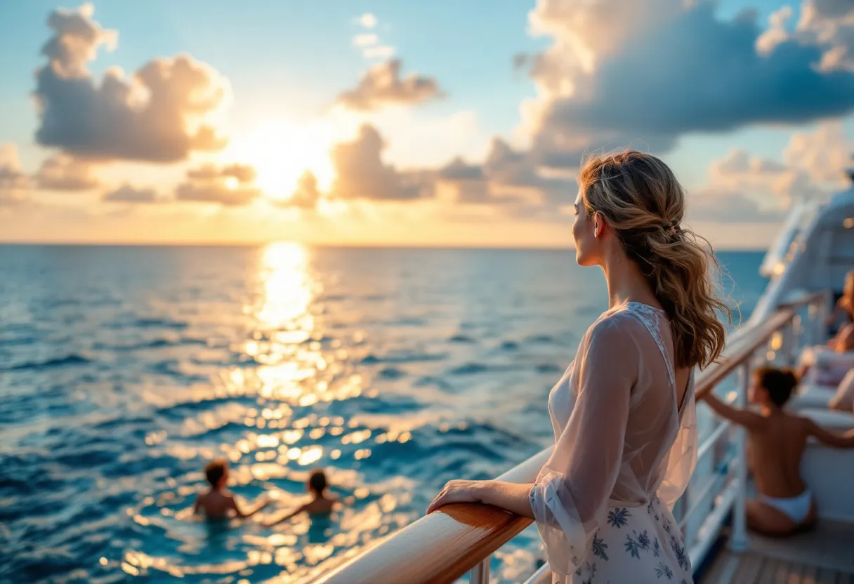 Een elegant gekleed stel staat op een privébalkon van een cruiseschip en kijkt uit over de azuurblauwe zee tijdens zonsondergang, terwijl beneden op het dek een gezin met kinderen in het zwembad speelt.