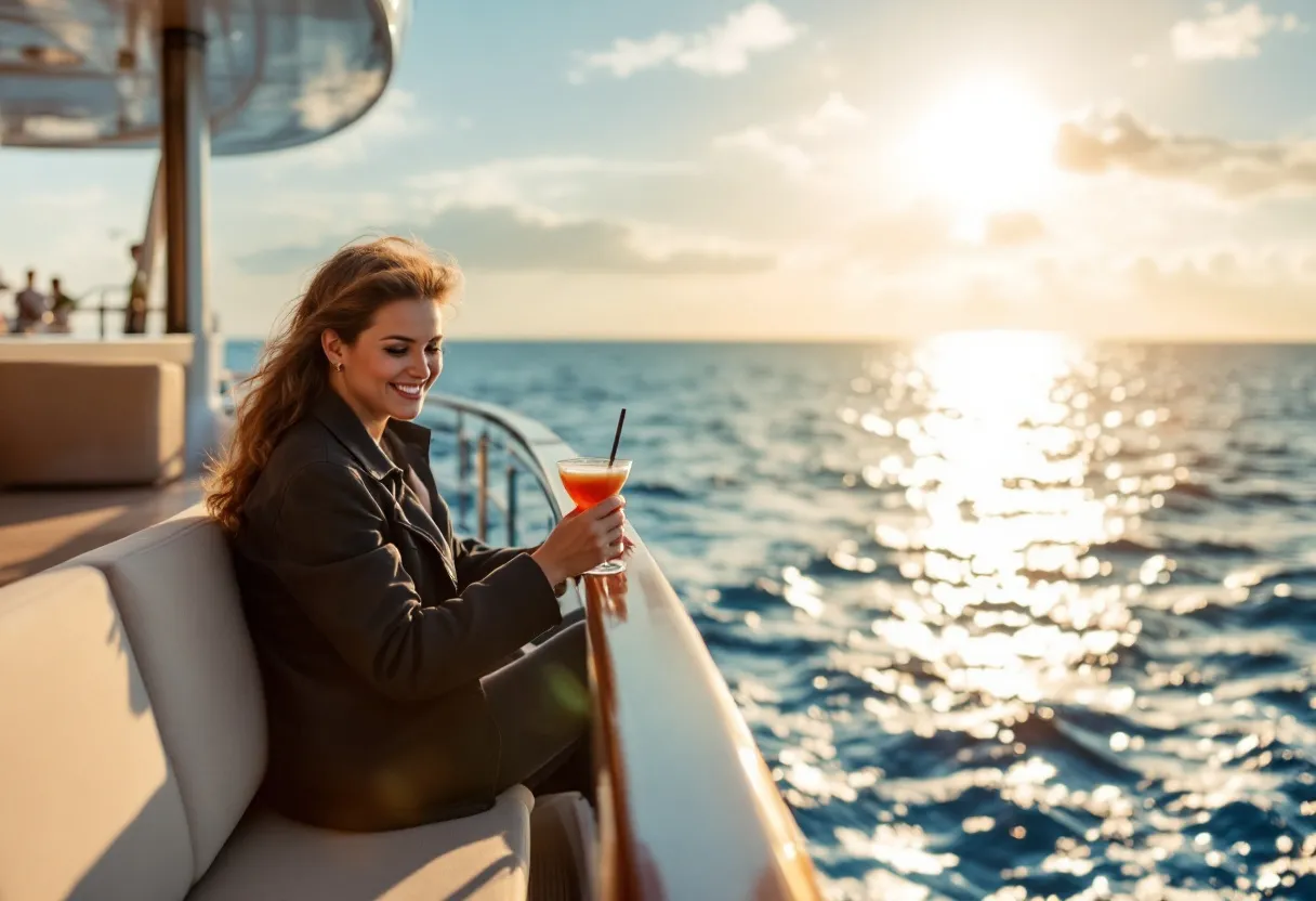 Een stel geniet van een cocktail op het dek van een luxe cruiseschip terwijl de zon ondergaat over een kalme oceaan.