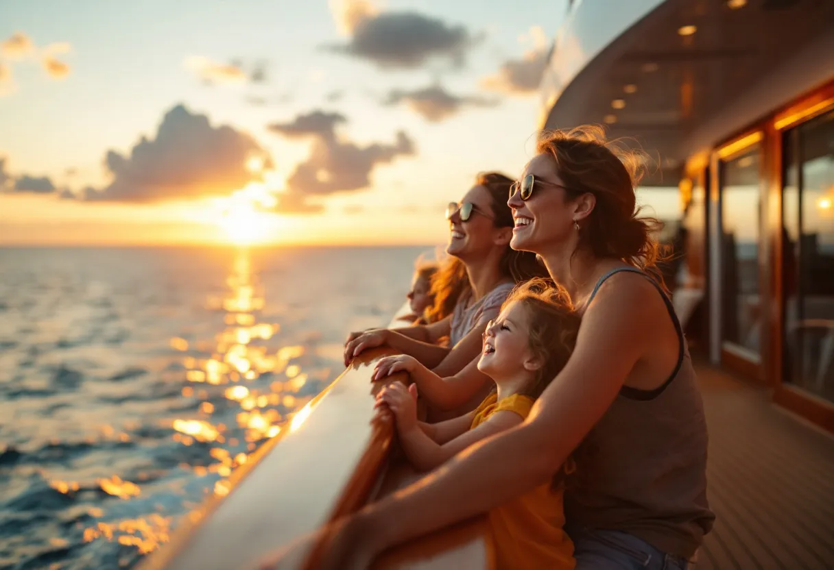 Een vrolijk gezin met twee kinderen genietend van een zonsondergang op het dek van een cruise schip, omringd door luxe en comfort.