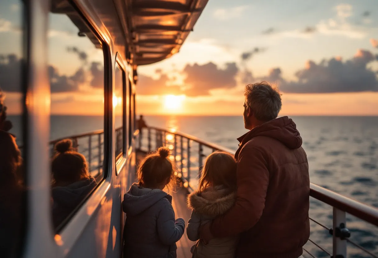 Een gelukkig gezin met twee kinderen kijkt uit over de reling van een cruiseschip naar een zonsondergang boven de Middellandse Zee.