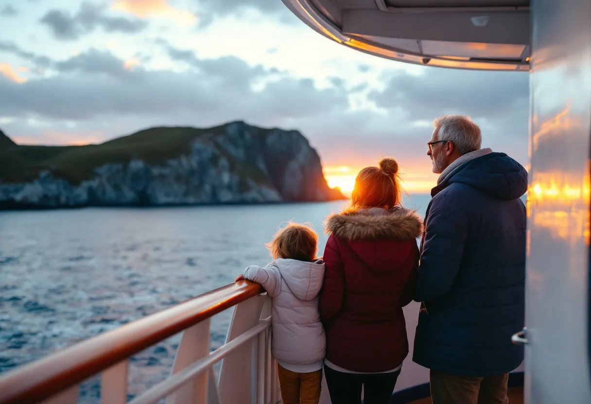 Een gezin met twee kinderen staat op het dek van een wit cruiseschip en kijkt uit over een zonsondergang op zee, met op de achtergrond een bergachtige kustlijn.