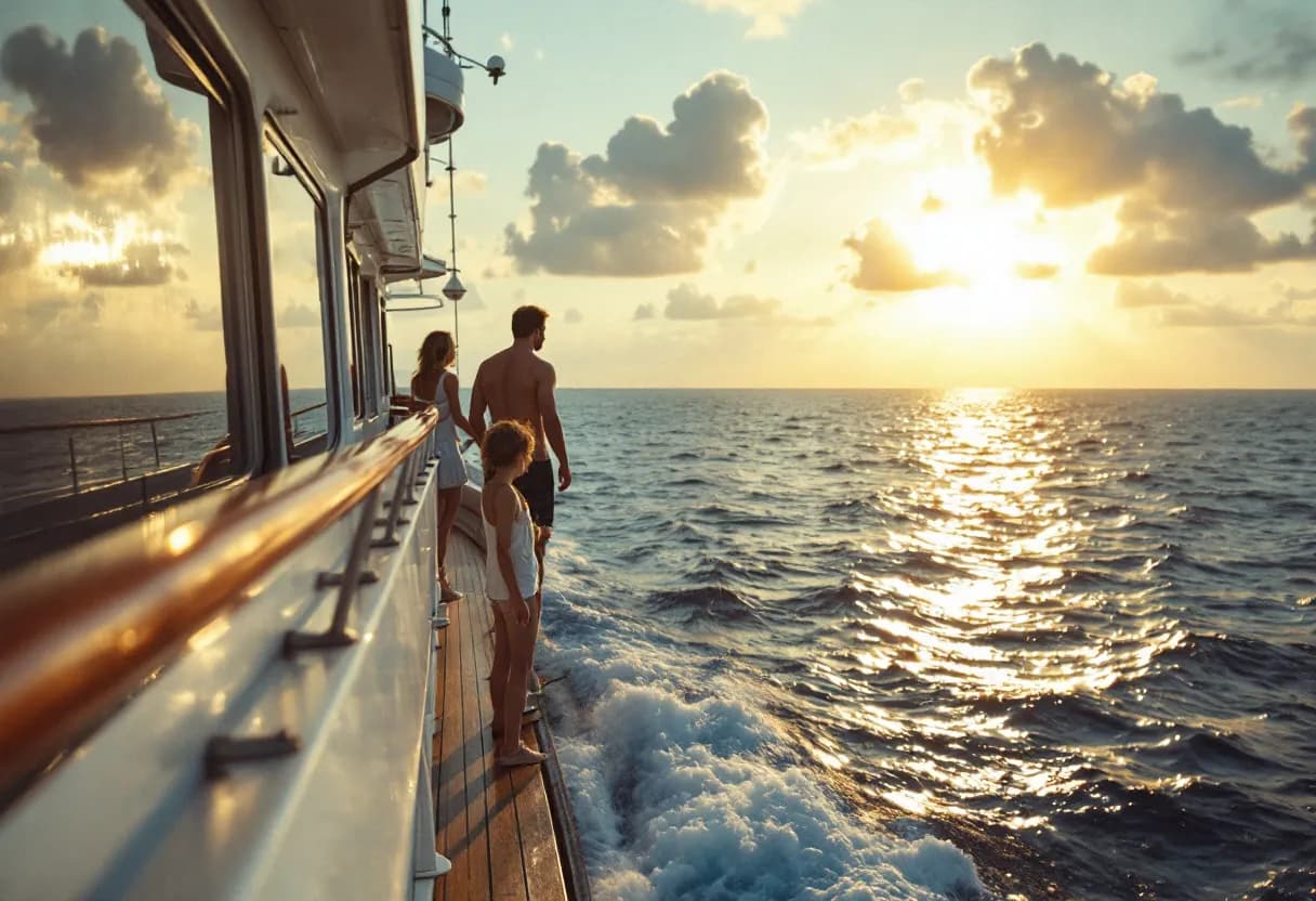 Een gelukkig gezin met twee kinderen staat op het bovendek van een groot cruiseschip, terwijl de ondergaande zon een warme gloed over de oceaan werpt.