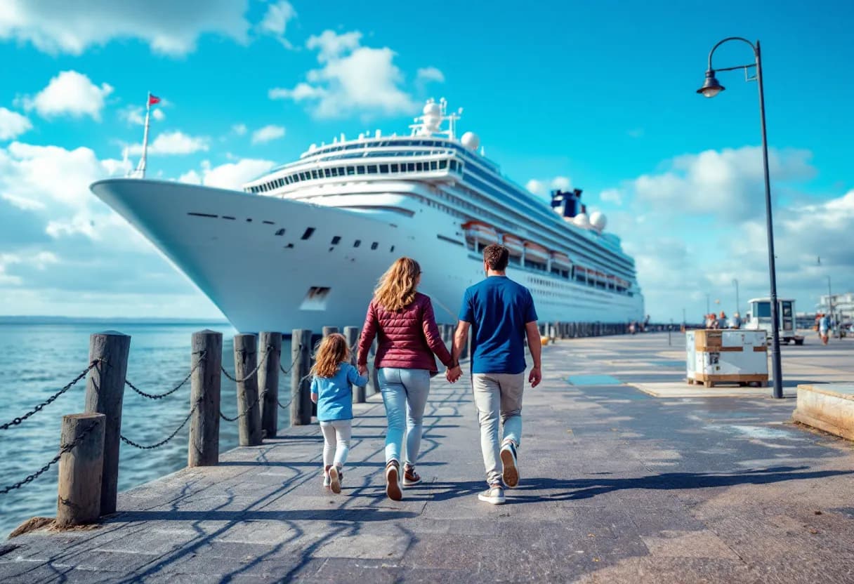 Een stralend gezin met twee kinderen loopt hand in hand over de pier naar een groot wit cruiseschip onder een blauwe hemel.