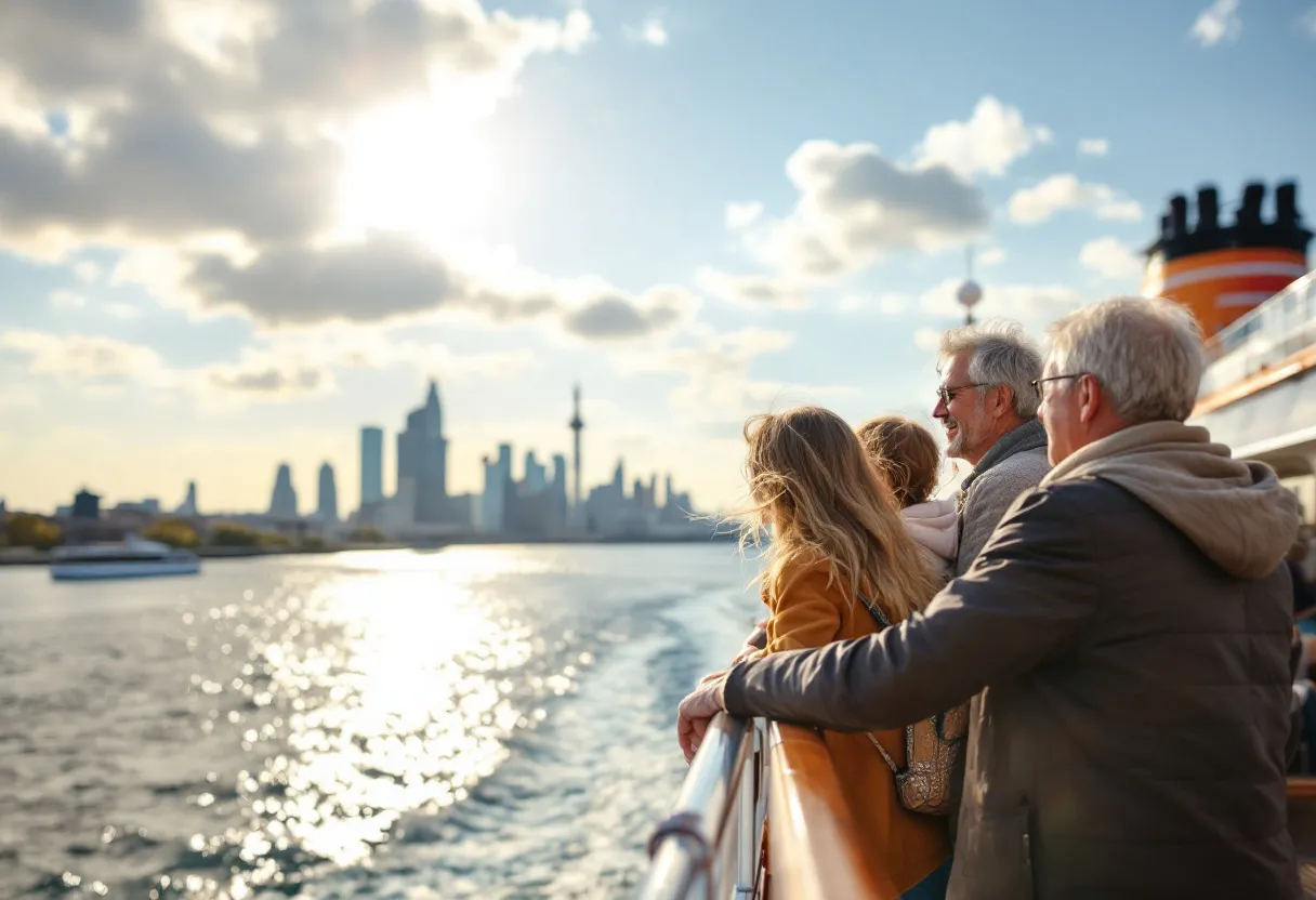 Een vrolijk gezin met twee jonge kinderen en grootouders leunt over de reling van een zonovergoten cruiseschip, uitkijkend op de skyline van Rotterdam bij vertrek.