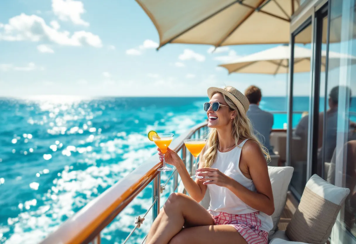 Een lachend stel geniet van een cocktail op het privébalkon van hun cruiseschip terwijl de zon ondergaat boven een kalme azuurblauwe zee.