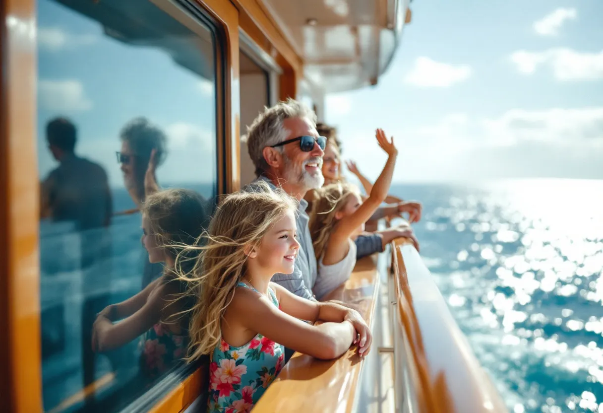 Een gelukkig gezin met twee jonge kinderen zwaait vanaf het zonovergoten balkon van een elegant cruiseschip naar de azuurblauwe zee, terwijl de wind zacht door hun haren waait.