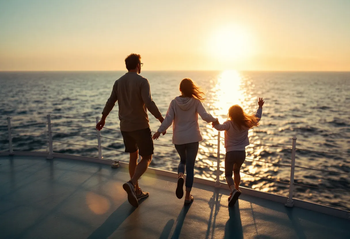 Een gezin met twee kinderen leunt over de reling van een cruiseschip, terwijl de zon ondergaat boven een kalme zee.
