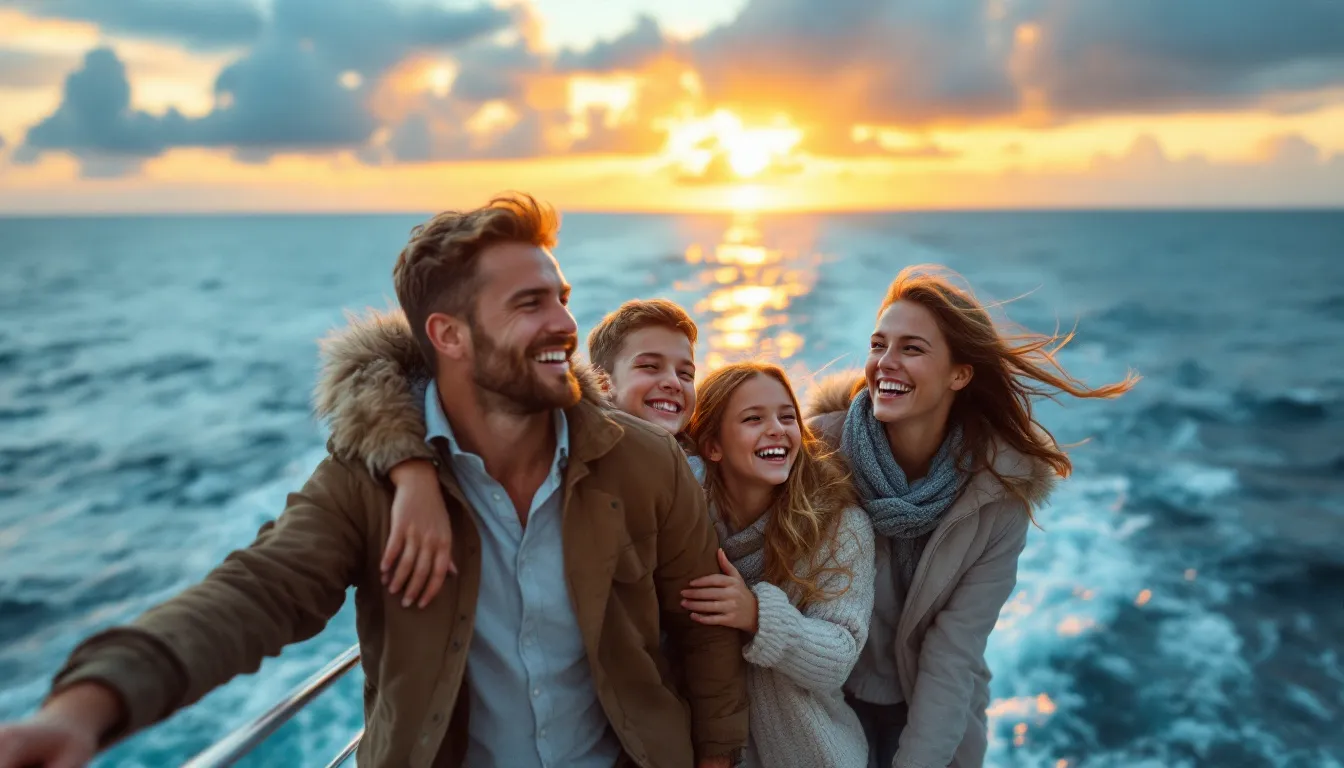 Een glimlachend gezin met twee tieners leunt tegen de reling van een cruise schip, met op de achtergrond een azuurblauwe zee en een zonsondergang die de lucht oranje kleurt.