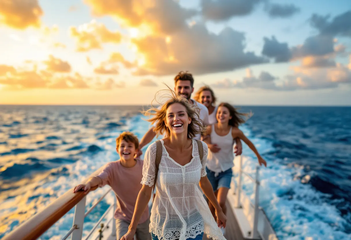 Een glimlachend gezin met twee tieners leunt tegen de reling van een cruise schip, met op de achtergrond een azuurblauwe zee en een zonsondergang die de lucht oranje kleurt.