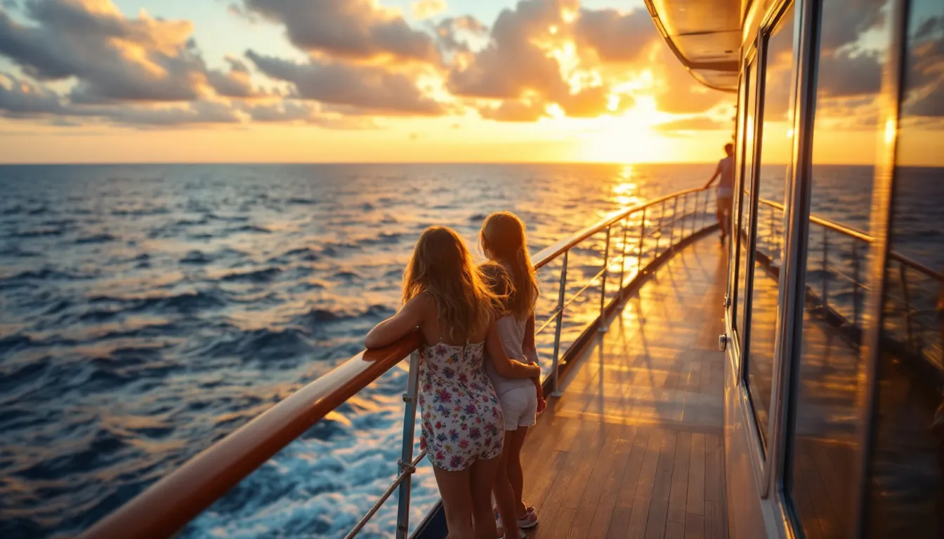 Een gelukkig gezin met twee kinderen geniet van het uitzicht op de zee vanaf het dek van een luxe cruiseschip tijdens zonsondergang.