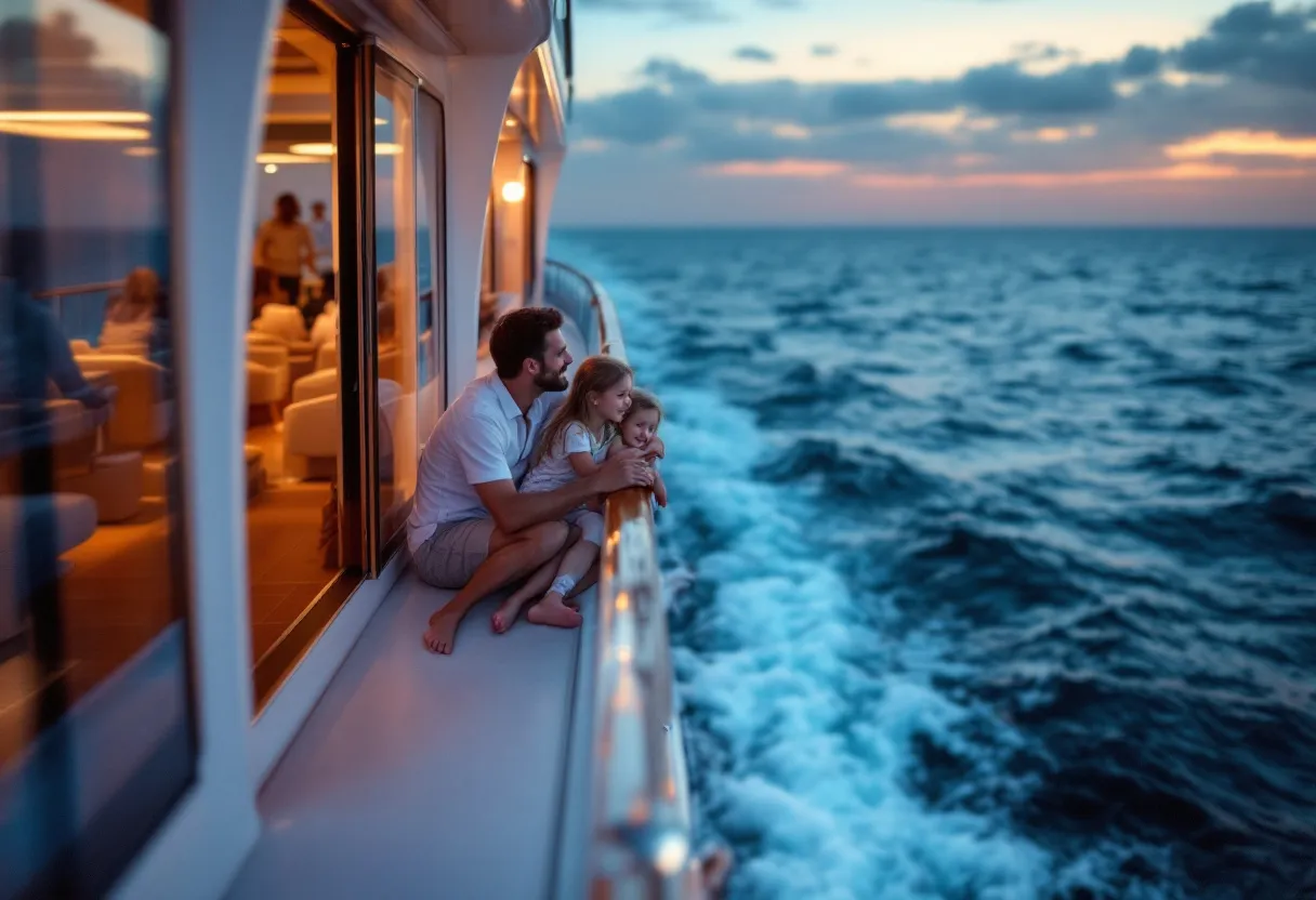 Een gelukkig gezin met twee kinderen geniet van het uitzicht op de zee vanaf het dek van een luxe cruiseschip tijdens zonsondergang.