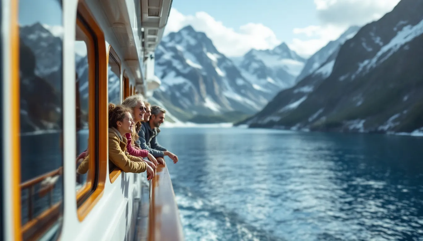 Een lachend gezin van vier personen leunt over de reling van een groot cruiseschip en kijkt uit over een zonnige fjord met besneeuwde bergen op de achtergrond.