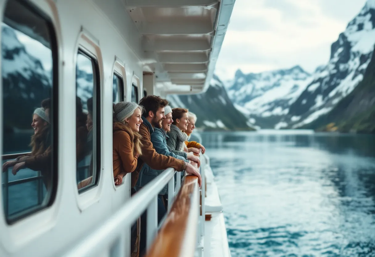 Een lachend gezin van vier personen leunt over de reling van een groot cruiseschip en kijkt uit over een zonnige fjord met besneeuwde bergen op de achtergrond.