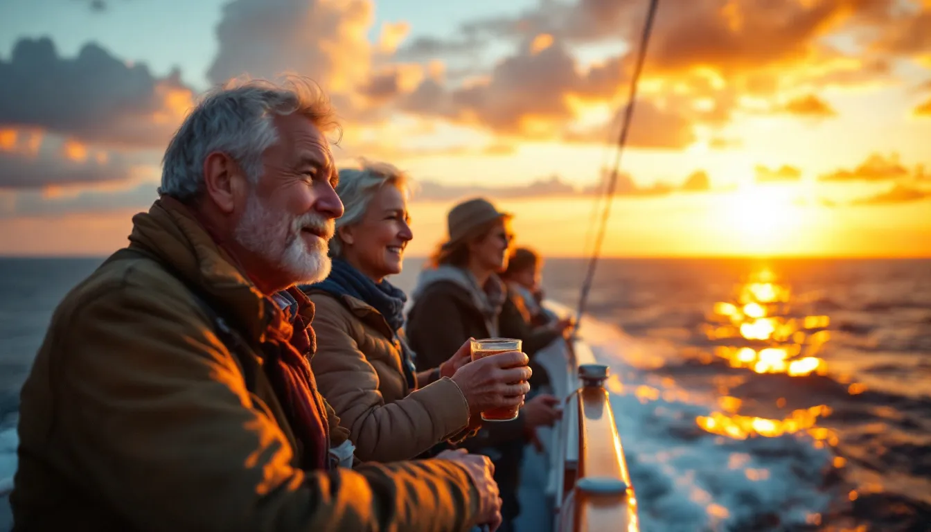 Een vrolijke cruise-expert genaamd Tom wijst een gezin op het dek van een cruiseschip naar de zonsondergang boven de oceaan.