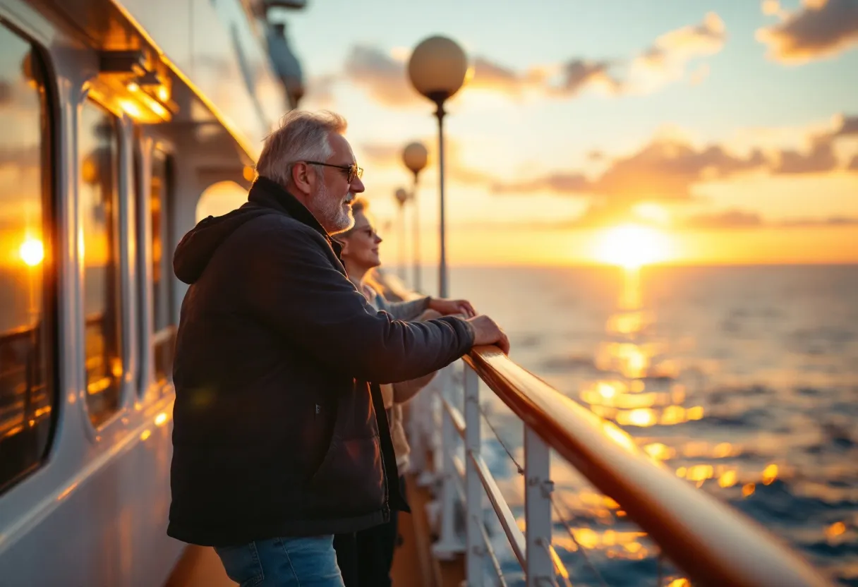 Een vrolijke cruise-expert genaamd Tom wijst een gezin op het dek van een cruiseschip naar de zonsondergang boven de oceaan.