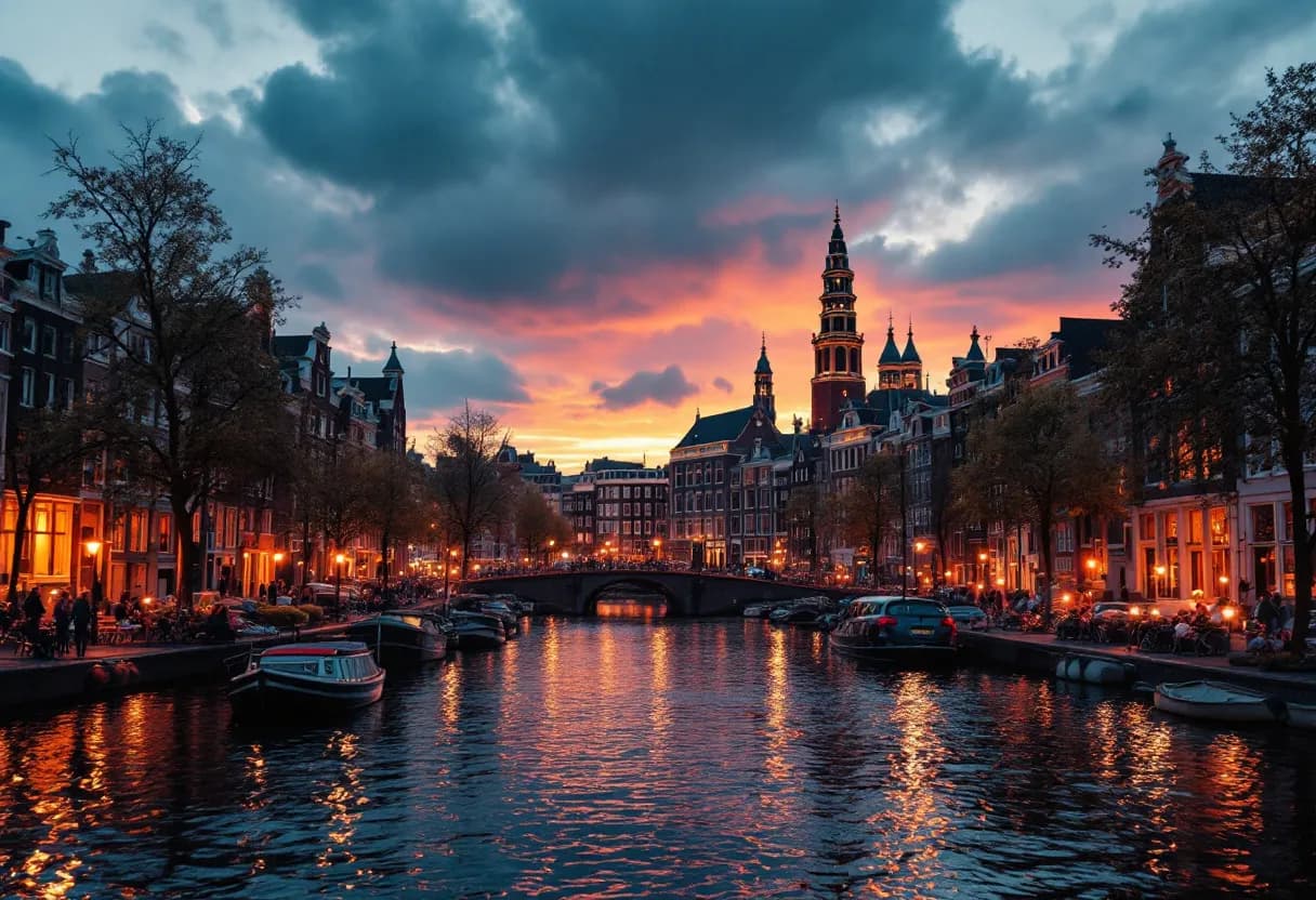 Een stel geniet van een romantische rondvaart door de Amsterdamse grachten bij zonsondergang, met zicht op historische gevels en verlichte bruggen.