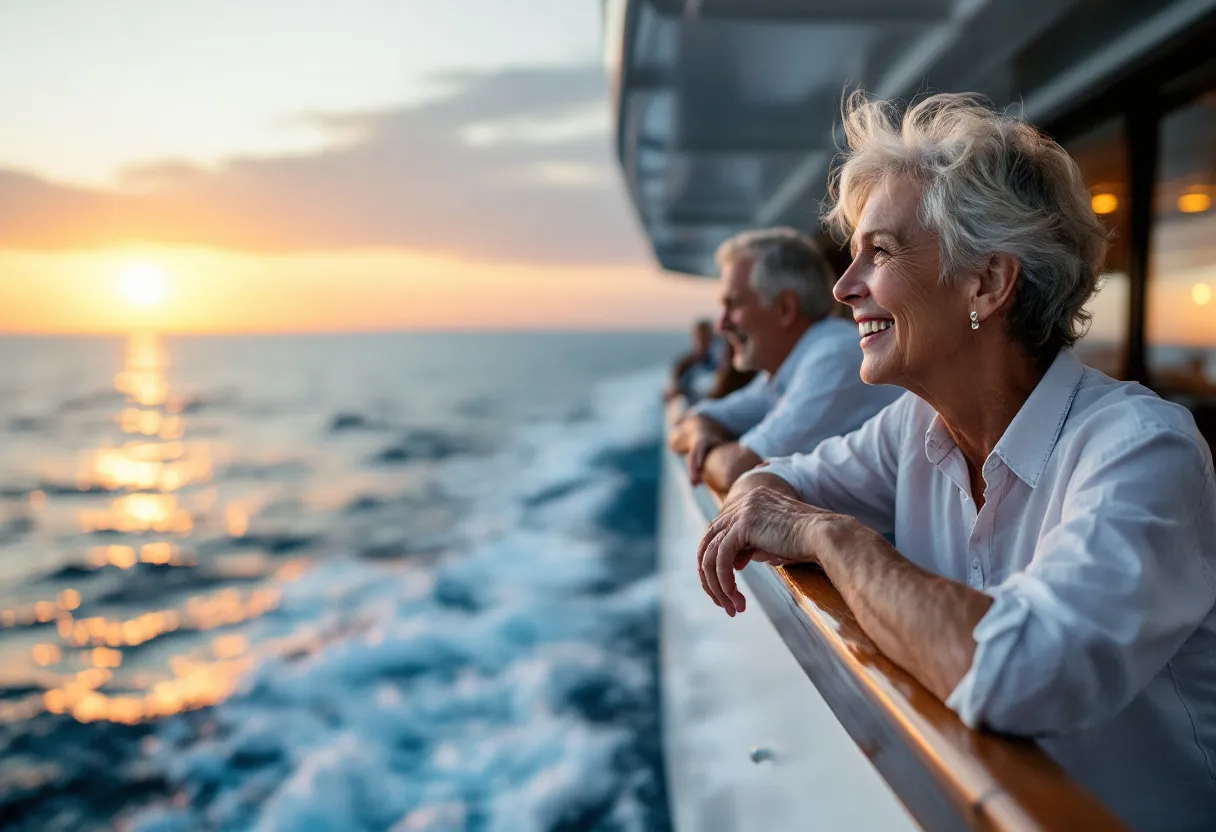 Een gelukkig gezin geniet van het uitzicht vanaf het dek van een luxe cruiseschip tijdens een zonsondergang op zee.