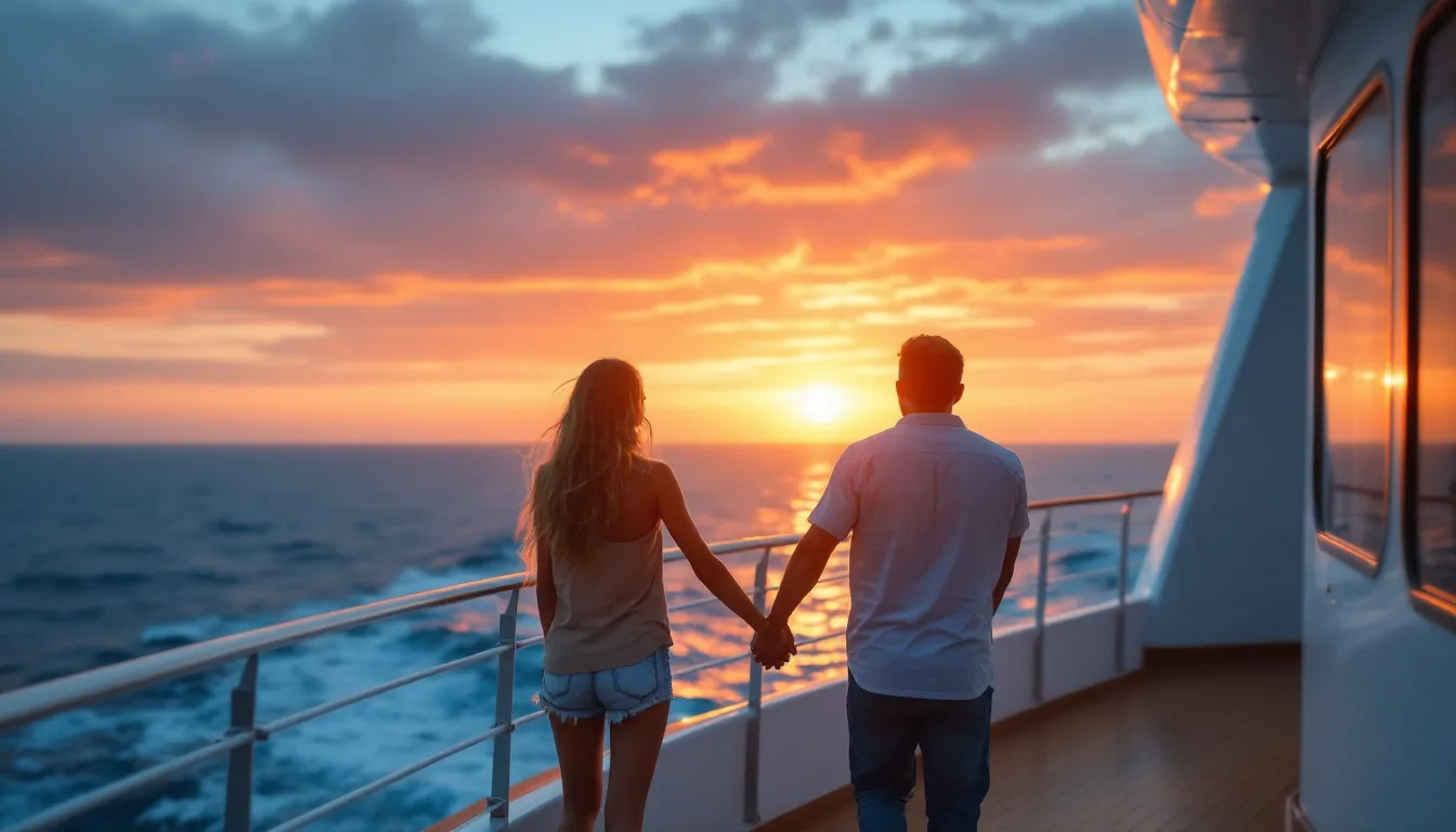 Een stel hand in hand op het zonnedek van een wit cruiseschip, met op de achtergrond een azuurblauwe zee en een zonsondergang die de hemel roze en oranje kleurt.