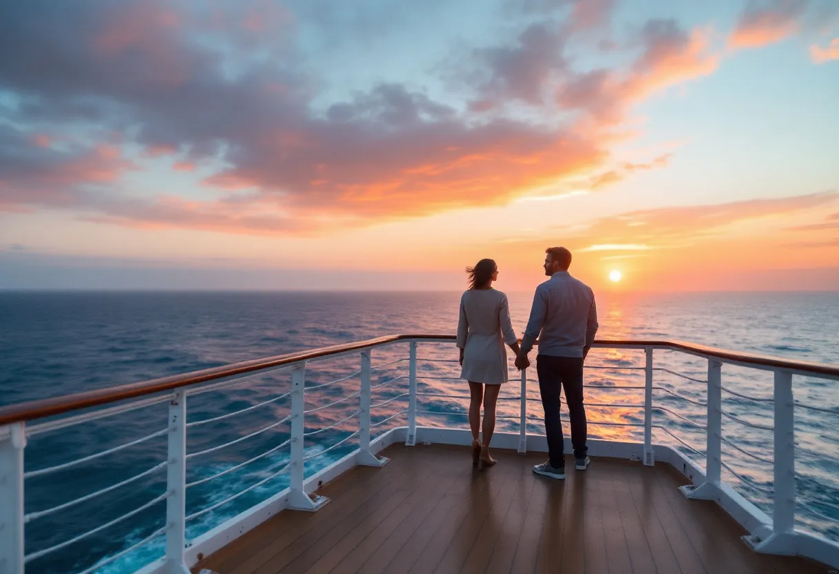 Een stel hand in hand op het zonnedek van een wit cruiseschip, met op de achtergrond een azuurblauwe zee en een zonsondergang die de hemel roze en oranje kleurt.