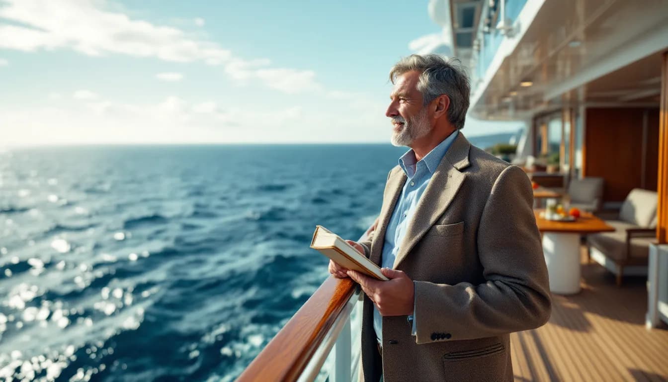 Een glimlachende man met een stijlvol notitieboekje staat op het dek van een luxe cruiseschip, met de eindeloze oceaan op de achtergrond, terwijl hij wijst naar een horizon vol mogelijkheden.