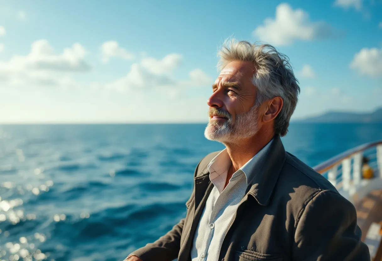 Een glimlachende man met een stijlvol notitieboekje staat op het dek van een luxe cruiseschip, met de eindeloze oceaan op de achtergrond, terwijl hij wijst naar een horizon vol mogelijkheden.
