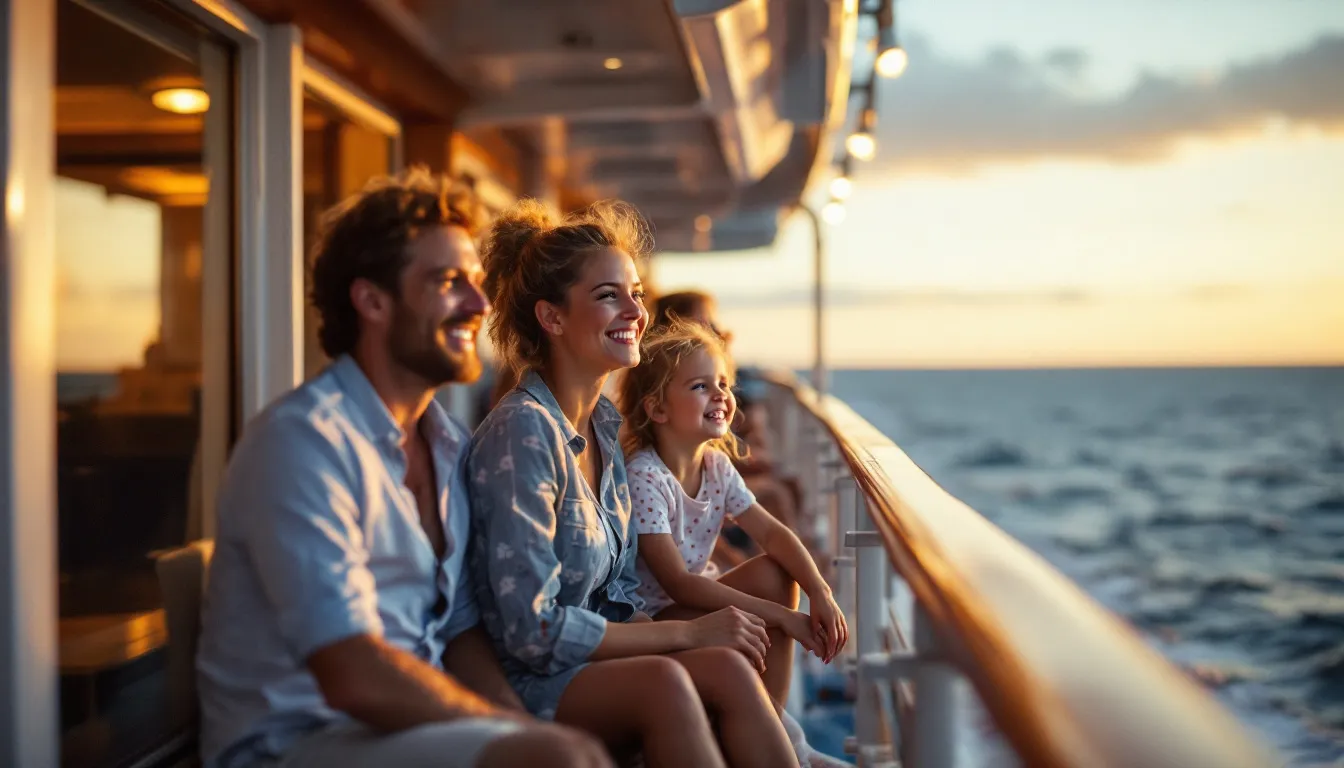 Een blije familie op het dek van een cruiseschip bij zonsondergang, kijkend over de oceaan, kinderen zwaaien en ouders glimlachen naar elkaar.