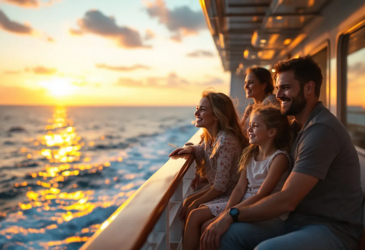 Een blije familie op het dek van een cruiseschip bij zonsondergang, kijkend over de oceaan, kinderen zwaaien en ouders glimlachen naar elkaar.