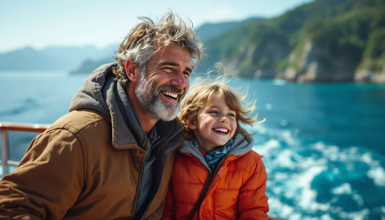 Een lachend gezin met twee jonge kinderen op het zonovergoten dek van een cruiseschip, terwijl de zee helderblauw glinstert en in de verte groene heuvels opdoemen.