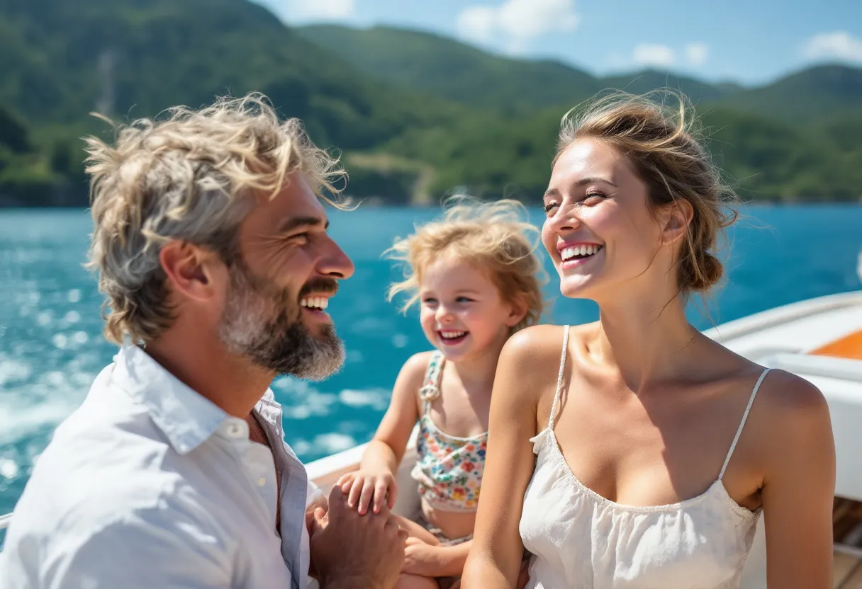 Een lachend gezin met twee jonge kinderen op het zonovergoten dek van een cruiseschip, terwijl de zee helderblauw glinstert en in de verte groene heuvels opdoemen.