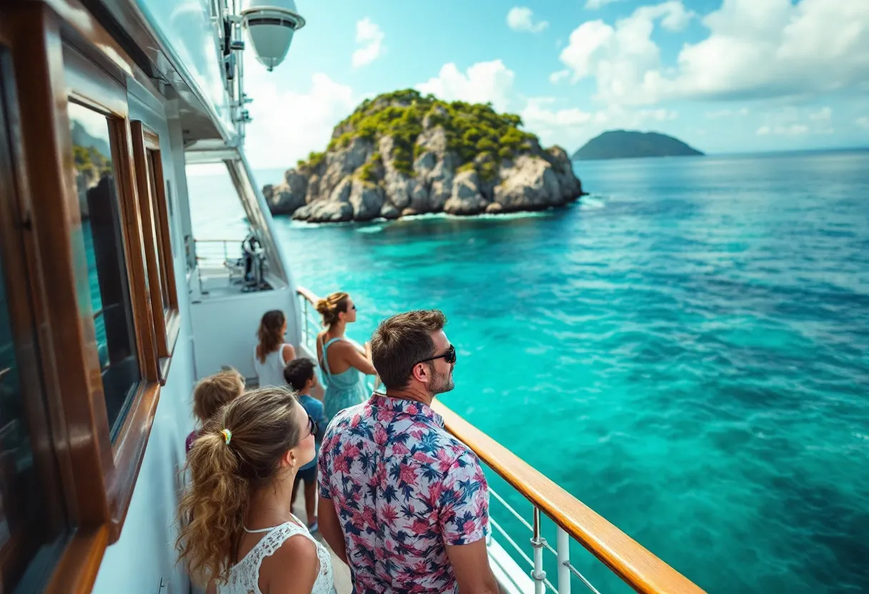 Een gezin van vier staat aan de reling van een luxe cruiseschip, uitkijkend over een turquoise zee met in de verte een groen eiland onder een helderblauwe hemel.