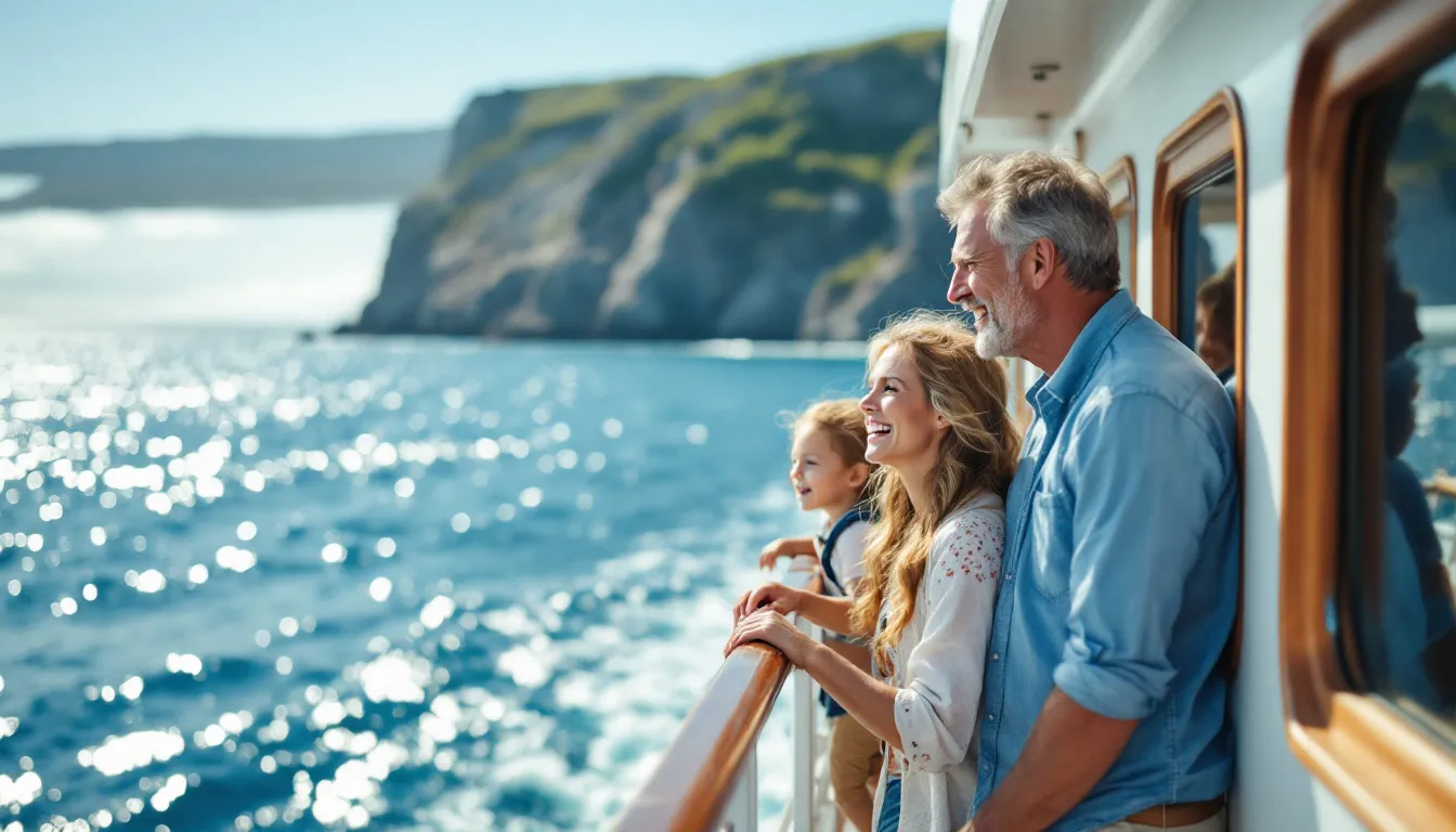 Een lachend gezin met twee kinderen staat aan de reling van een wit cruiseschip en kijkt uit over een helderblauwe zee met op de achtergrond een zonnige kustlijn.