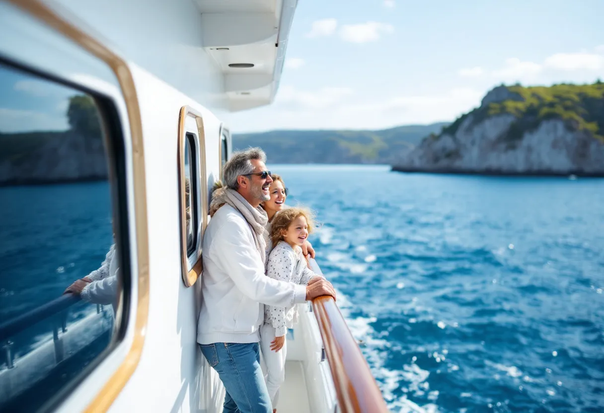Een lachend gezin met twee kinderen staat aan de reling van een wit cruiseschip en kijkt uit over een helderblauwe zee met op de achtergrond een zonnige kustlijn.