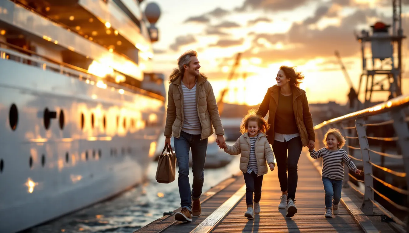 Een jong gezin met twee kinderen loopt lachend over de loopplank naar een glimmend wit cruiseschip bij zonsondergang, koffers in de hand, de Rotterdamse haven op de achtergrond.