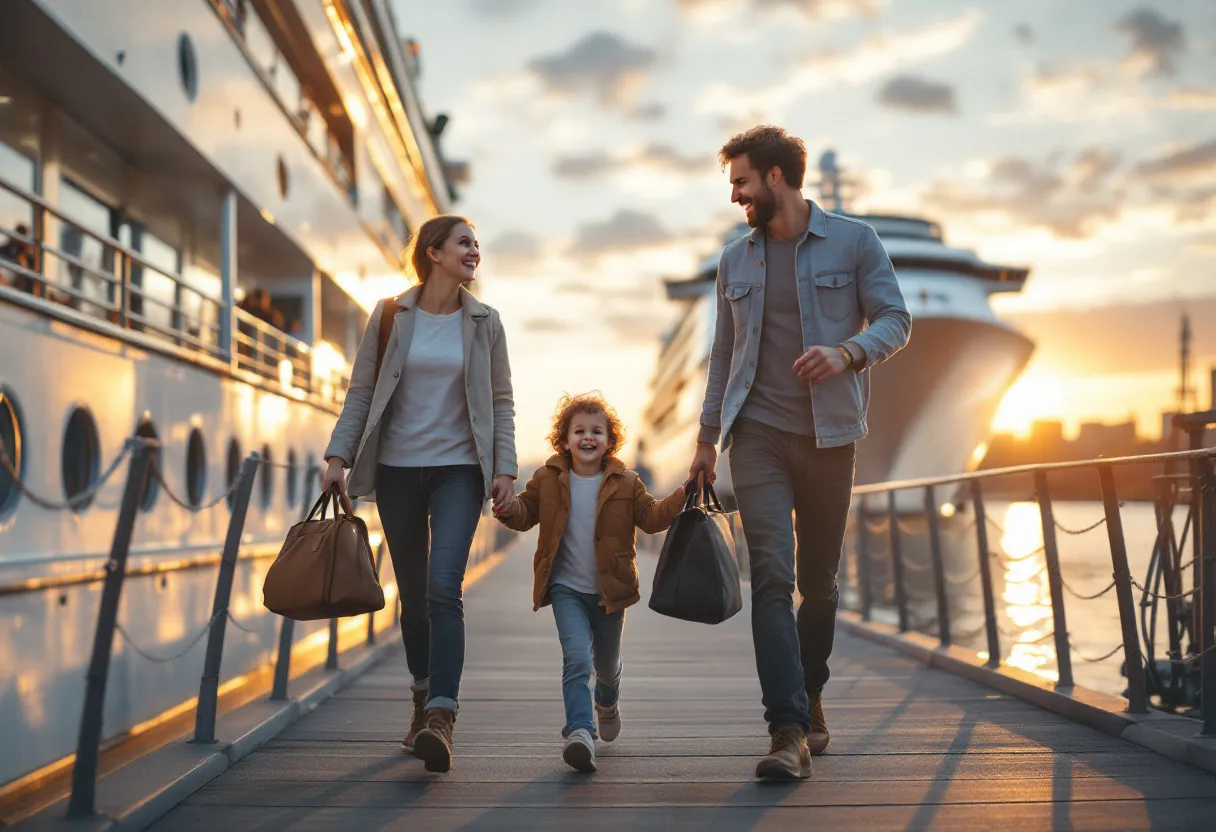 Een jong gezin met twee kinderen loopt lachend over de loopplank naar een glimmend wit cruiseschip bij zonsondergang, koffers in de hand, de Rotterdamse haven op de achtergrond.
