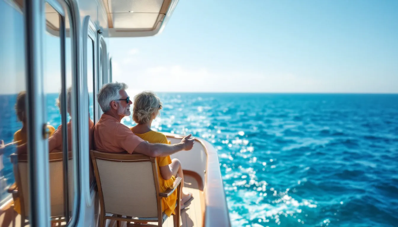 Een gelukkig gezin geniet van het zonnedek van een luxe cruiseschip met uitzicht op de azuurblauwe Middellandse Zee.