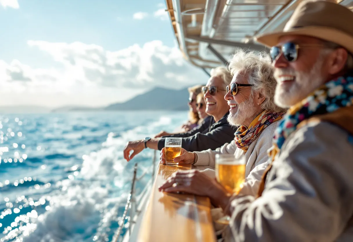 Een gelukkig gezin geniet van het zonnedek van een luxe cruiseschip met uitzicht op de azuurblauwe Middellandse Zee.