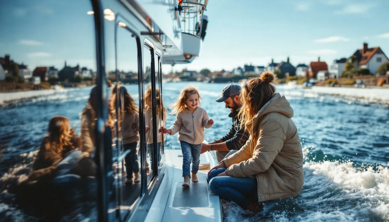Een modern cruiseschip met een gezin en koppels die op een zonovergoten dag in de Middellandse Zee aan boord stappen, met op de achtergrond witte huizen en een helderblauwe zee.