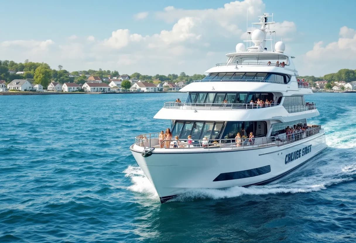 Een modern cruiseschip met een gezin en koppels die op een zonovergoten dag in de Middellandse Zee aan boord stappen, met op de achtergrond witte huizen en een helderblauwe zee.