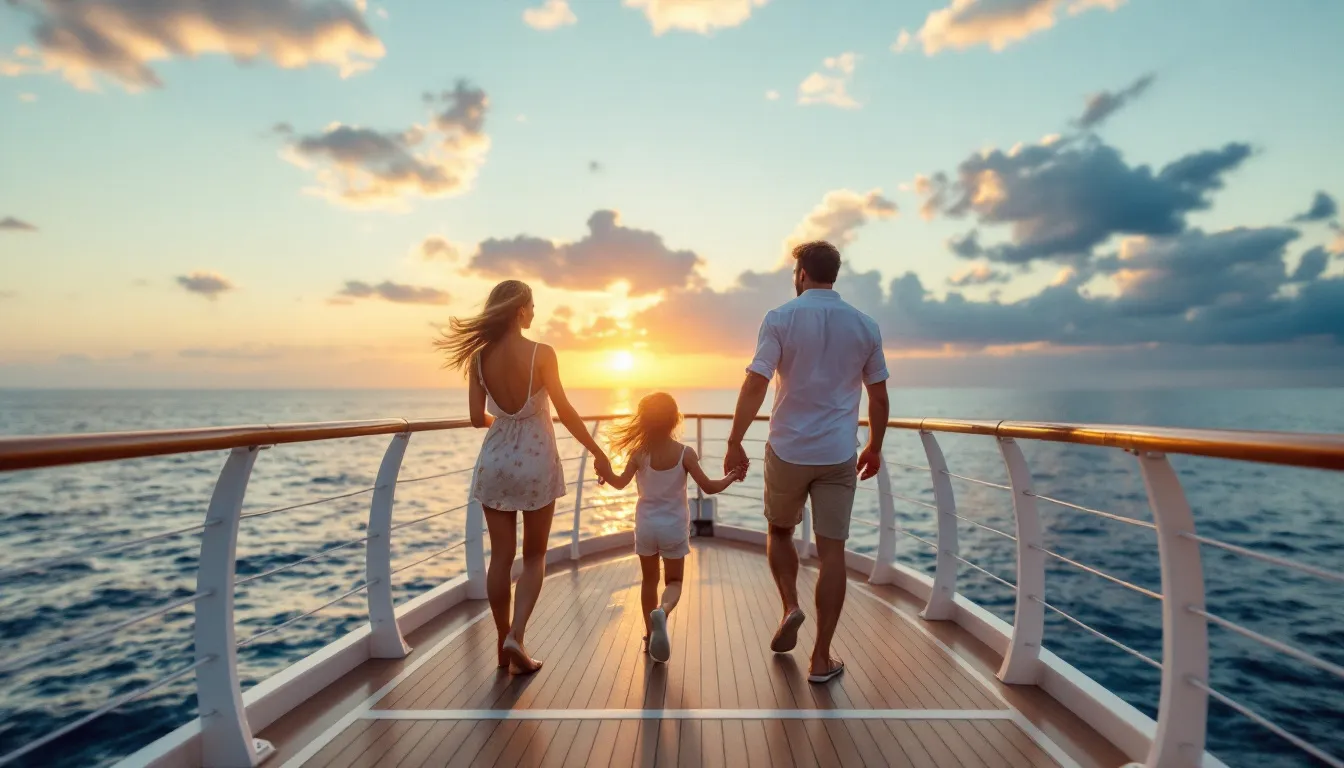Een stralend gezin met twee jonge kinderen staat op het dek van een wit cruiseschip met uitzicht op een zonsondergang boven de azuurblauwe zee, terwijl een stel hand in hand langs de reling wandelt en glazen champagne vasthoudt.