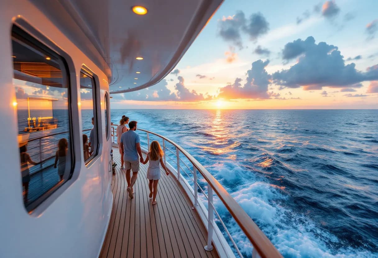 Een stralend gezin met twee jonge kinderen staat op het dek van een wit cruiseschip met uitzicht op een zonsondergang boven de azuurblauwe zee, terwijl een stel hand in hand langs de reling wandelt en glazen champagne vasthoudt.