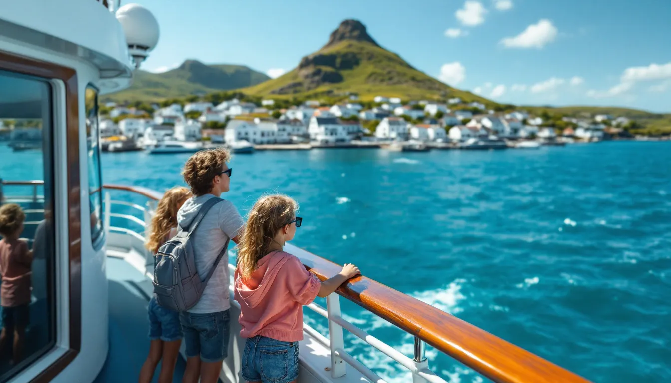 Een stel met twee kinderen staat op het zonovergoten dek van een modern cruiseschip, uitkijkend over het azuurblauwe water van de Middellandse Zee, terwijl in de verte een pittoresk havenstadje met witte huisjes tegen een heuvel opklimt.