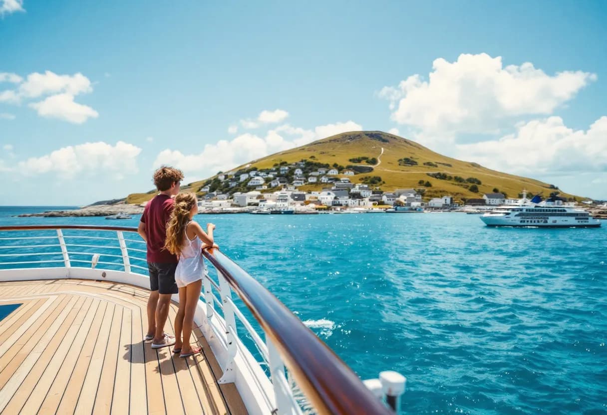 Een stel met twee kinderen staat op het zonovergoten dek van een modern cruiseschip, uitkijkend over het azuurblauwe water van de Middellandse Zee, terwijl in de verte een pittoresk havenstadje met witte huisjes tegen een heuvel opklimt.