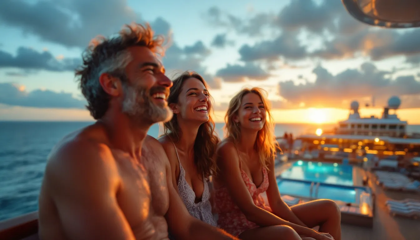 Een lachend gezin van vier geniet van het uitzicht op zee vanaf het dek van een luxe cruiseschip tijdens een prachtige zonsondergang, met op de achtergrond een zwembad en glijbanen.