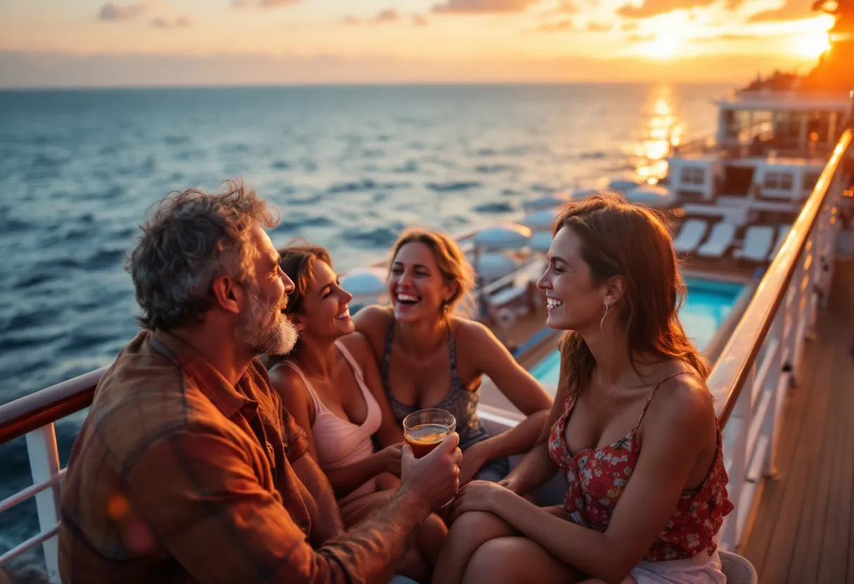 Een lachend gezin van vier geniet van het uitzicht op zee vanaf het dek van een luxe cruiseschip tijdens een prachtige zonsondergang, met op de achtergrond een zwembad en glijbanen.